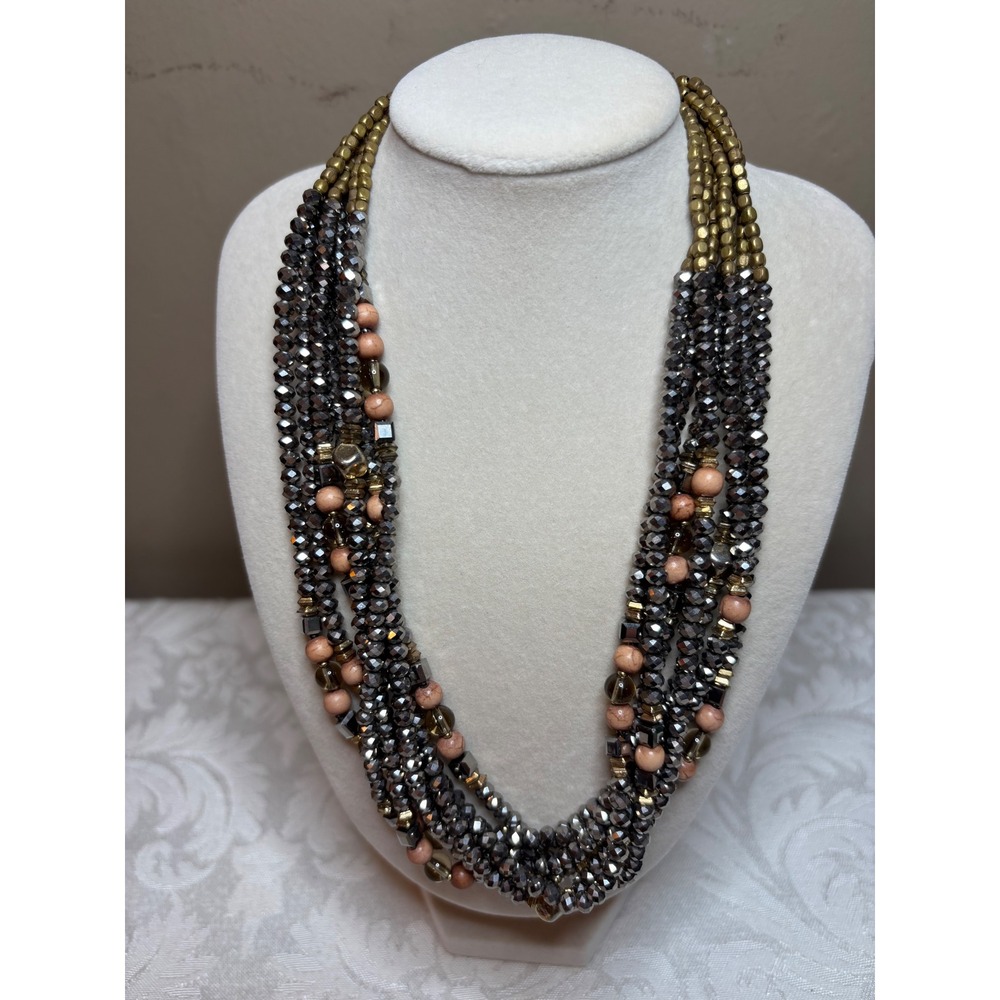 Nakamol Chicago Boho Multi-Strand Beaded Bib Statement Necklace Gunmetal Natural